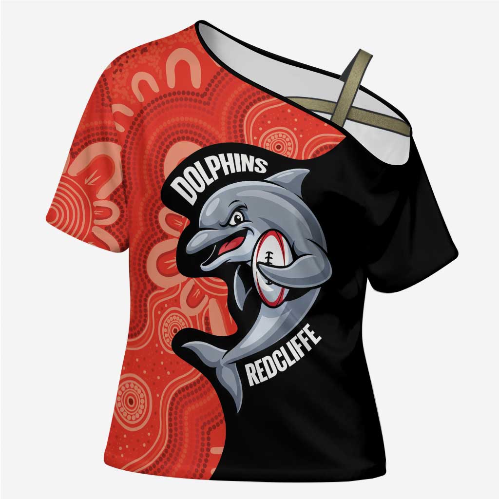 Redcliffe Rugby Custom Cross Shoulder Shirt Go Dolphins Aboriginal Art - Aussie Hoodie