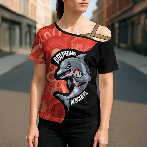Redcliffe Rugby Custom Cross Shoulder Shirt Go Dolphins Aboriginal Art - Aussie Hoodie