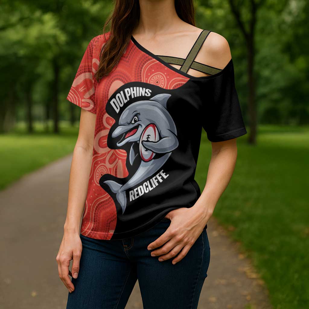 Redcliffe Rugby Custom Cross Shoulder Shirt Go Dolphins Aboriginal Art - Aussie Hoodie