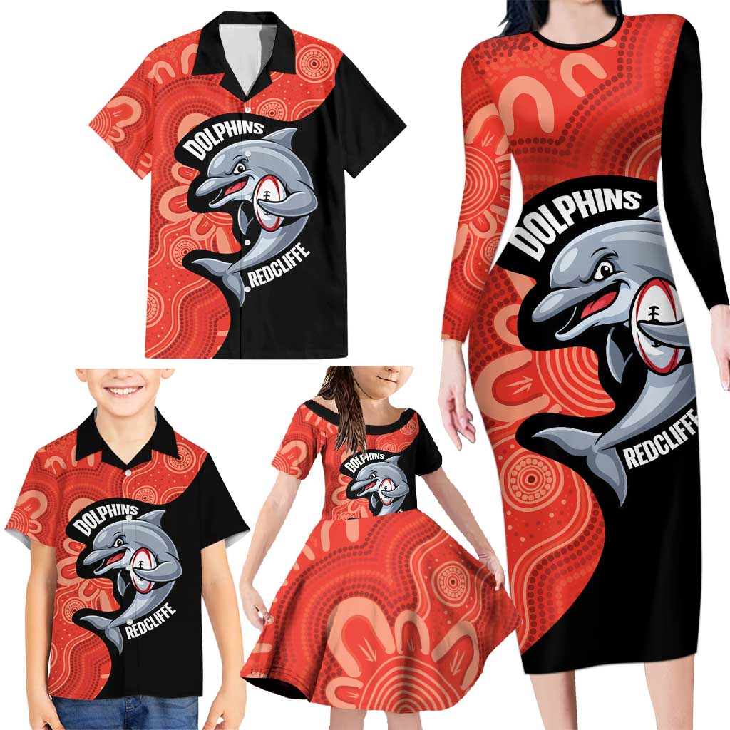 Redcliffe Rugby Custom Family Matching Long Sleeve Bodycon Dress and Hawaiian Shirt Go Dolphins Aboriginal Art - Aussie Hoodie