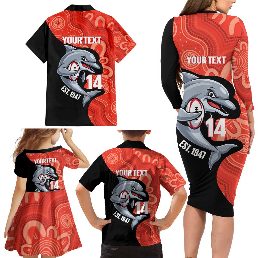 Redcliffe Rugby Custom Family Matching Long Sleeve Bodycon Dress and Hawaiian Shirt Go Dolphins Aboriginal Art - Aussie Hoodie