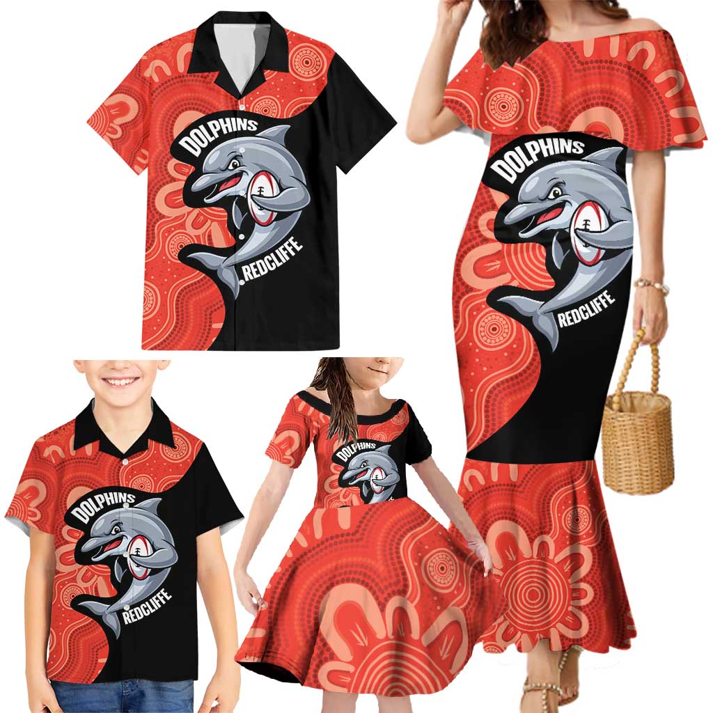 Redcliffe Rugby Custom Family Matching Mermaid Dress and Hawaiian Shirt Go Dolphins Aboriginal Art - Aussie Hoodie