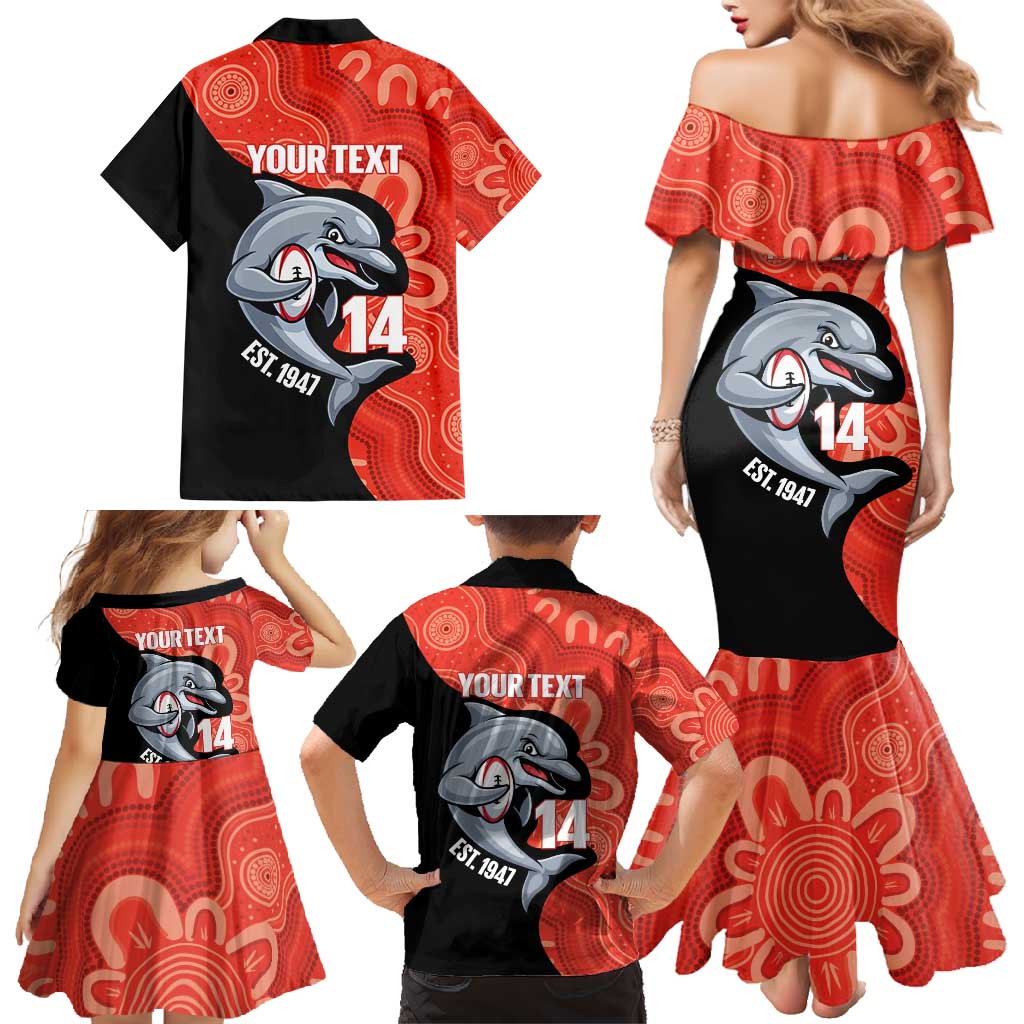 Redcliffe Rugby Custom Family Matching Mermaid Dress and Hawaiian Shirt Go Dolphins Aboriginal Art - Aussie Hoodie