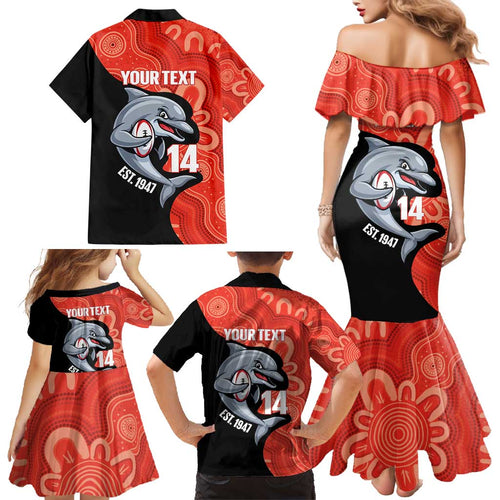 Redcliffe Rugby Custom Family Matching Mermaid Dress and Hawaiian Shirt Go Dolphins Aboriginal Art - Aussie Hoodie