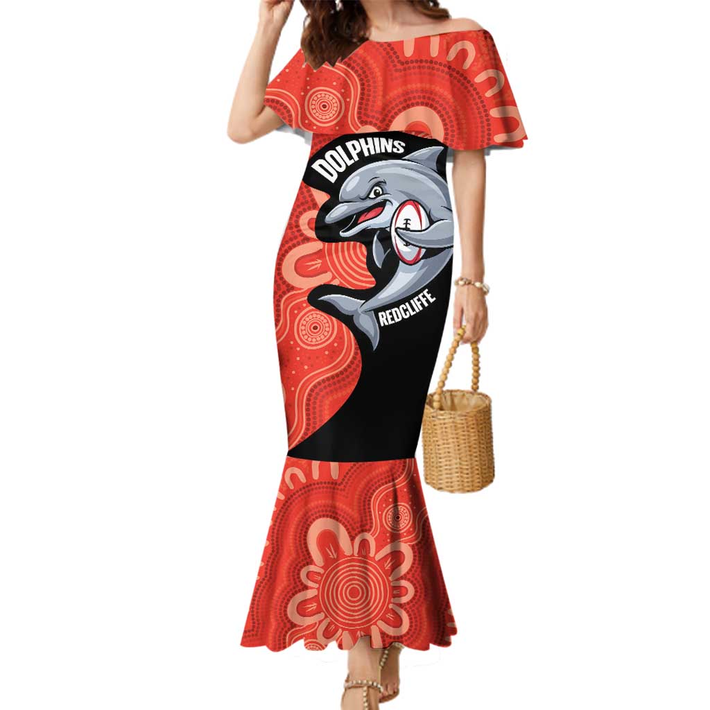 Redcliffe Rugby Custom Family Matching Mermaid Dress and Hawaiian Shirt Go Dolphins Aboriginal Art - Aussie Hoodie