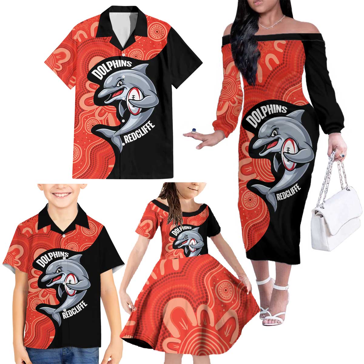 Redcliffe Rugby Custom Family Matching Off The Shoulder Long Sleeve Dress and Hawaiian Shirt Go Dolphins Aboriginal Art - Aussie Hoodie