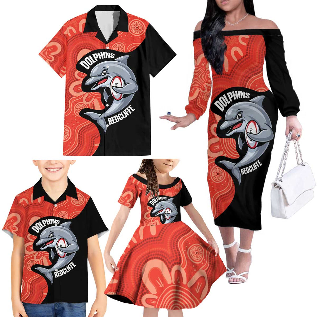 Redcliffe Rugby Custom Family Matching Off The Shoulder Long Sleeve Dress and Hawaiian Shirt Go Dolphins Aboriginal Art - Aussie Hoodie