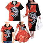 Redcliffe Rugby Custom Family Matching Off The Shoulder Long Sleeve Dress and Hawaiian Shirt Go Dolphins Aboriginal Art - Aussie Hoodie