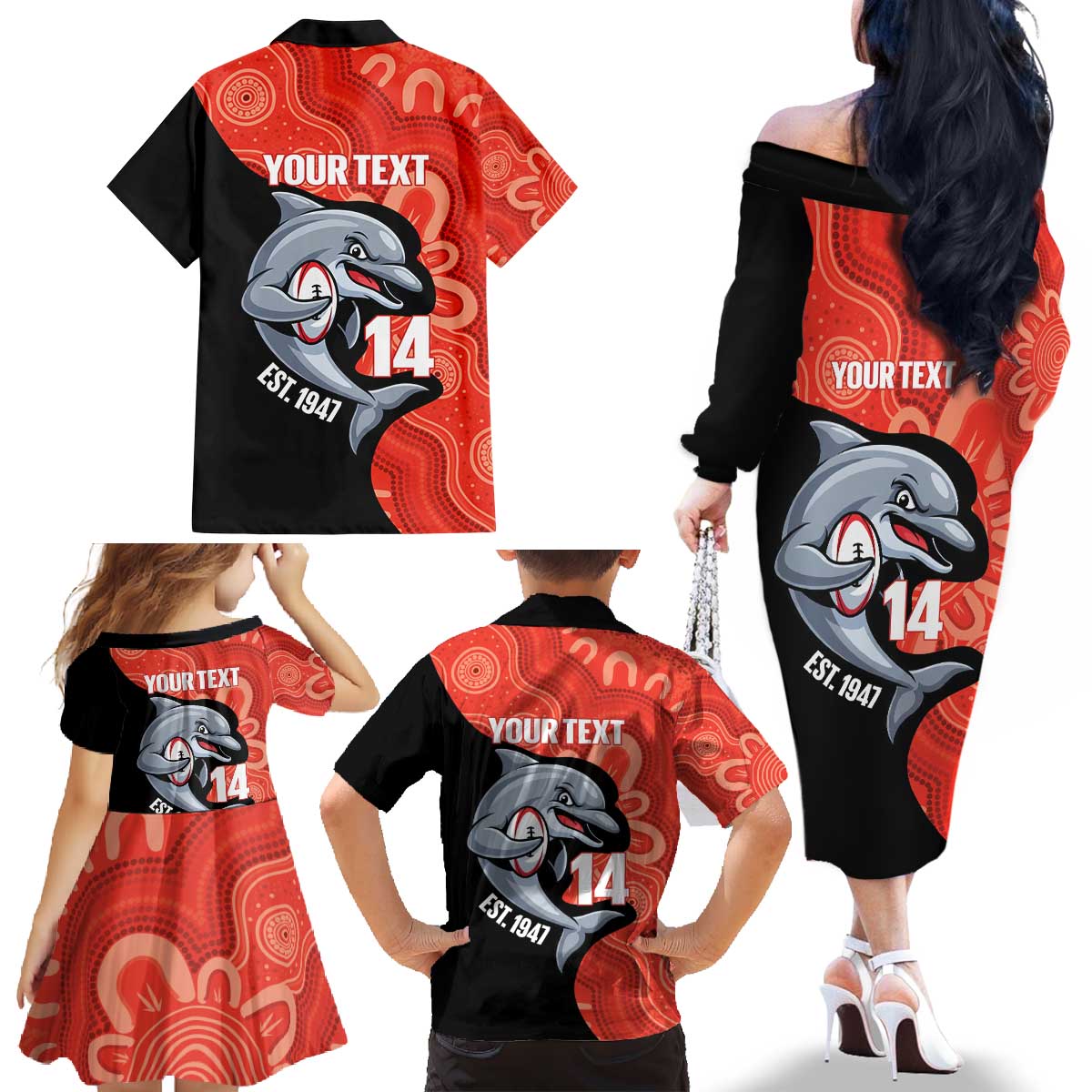 Redcliffe Rugby Custom Family Matching Off The Shoulder Long Sleeve Dress and Hawaiian Shirt Go Dolphins Aboriginal Art - Aussie Hoodie