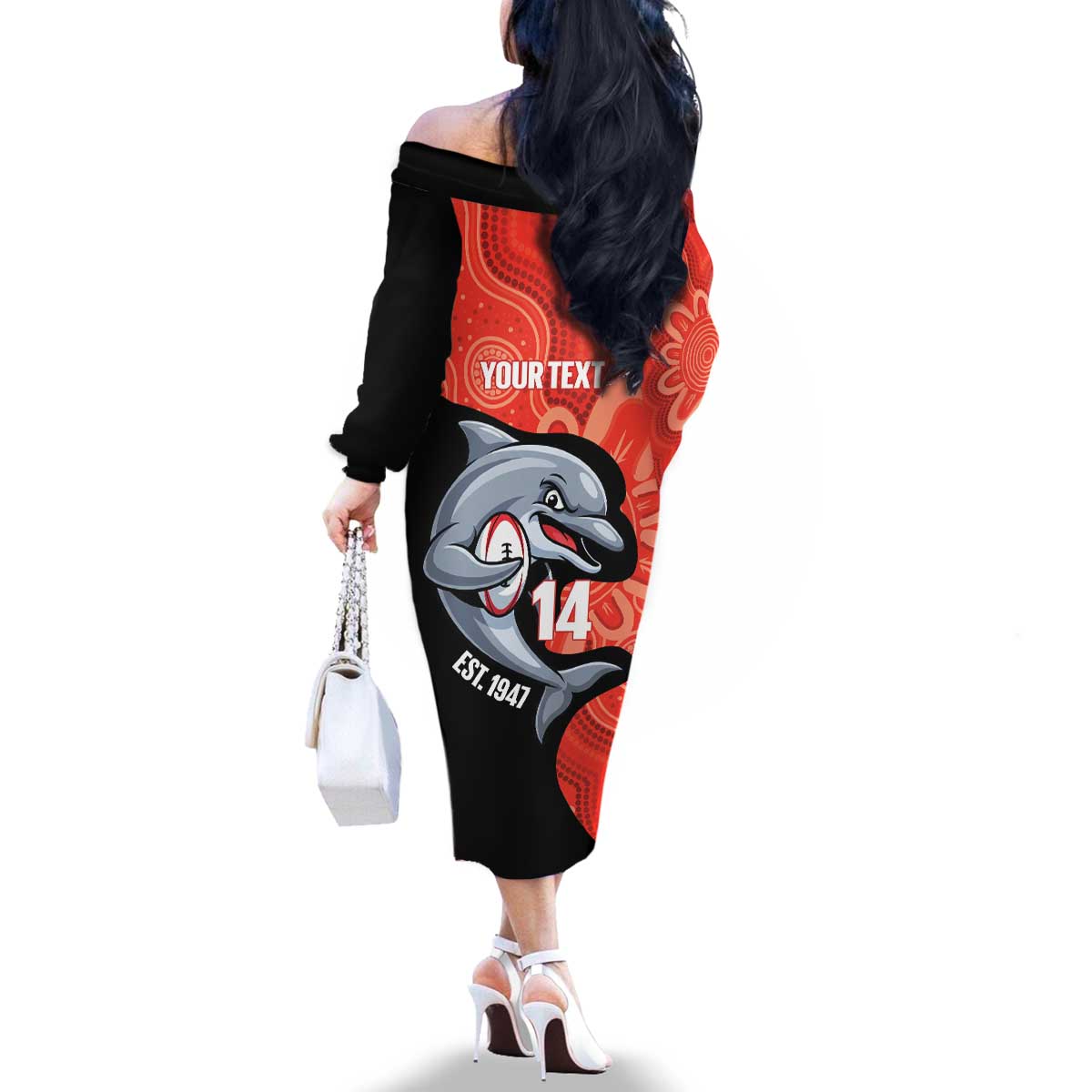 Redcliffe Rugby Custom Family Matching Off The Shoulder Long Sleeve Dress and Hawaiian Shirt Go Dolphins Aboriginal Art - Aussie Hoodie