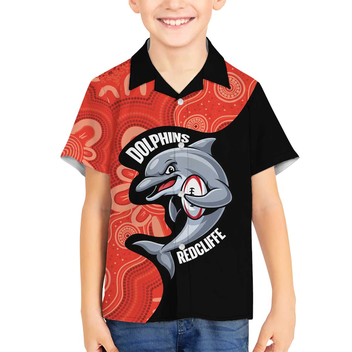 Redcliffe Rugby Custom Family Matching Off The Shoulder Long Sleeve Dress and Hawaiian Shirt Go Dolphins Aboriginal Art - Aussie Hoodie