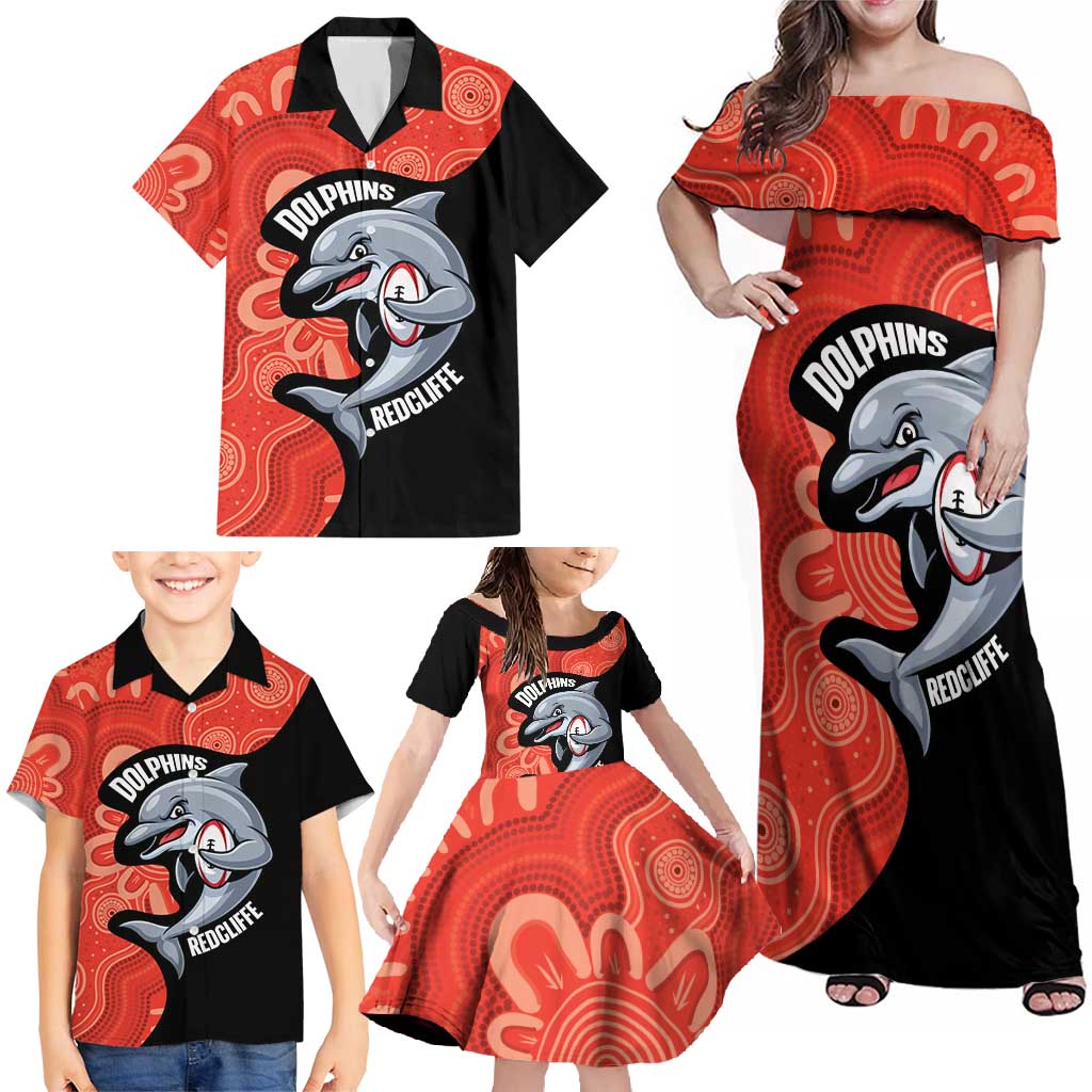 Redcliffe Rugby Custom Family Matching Off Shoulder Maxi Dress and Hawaiian Shirt Go Dolphins Aboriginal Art - Aussie Hoodie