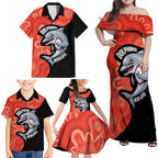 Redcliffe Rugby Custom Family Matching Off Shoulder Maxi Dress and Hawaiian Shirt Go Dolphins Aboriginal Art - Aussie Hoodie