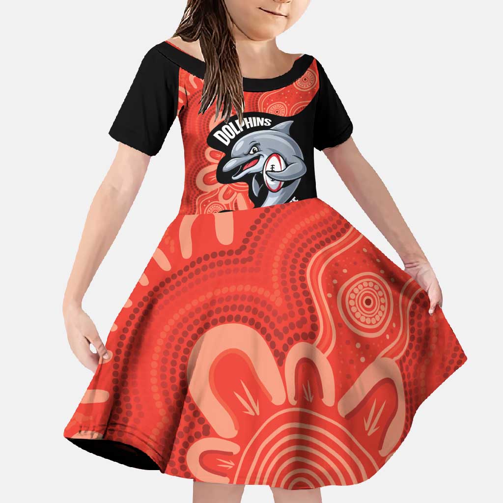 Redcliffe Rugby Custom Family Matching Off Shoulder Maxi Dress and Hawaiian Shirt Go Dolphins Aboriginal Art - Aussie Hoodie