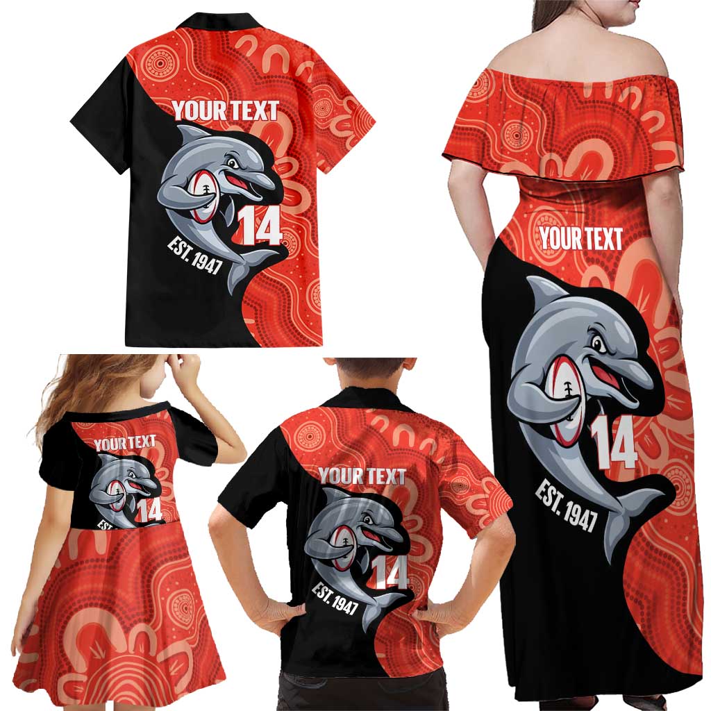 Redcliffe Rugby Custom Family Matching Off Shoulder Maxi Dress and Hawaiian Shirt Go Dolphins Aboriginal Art - Aussie Hoodie