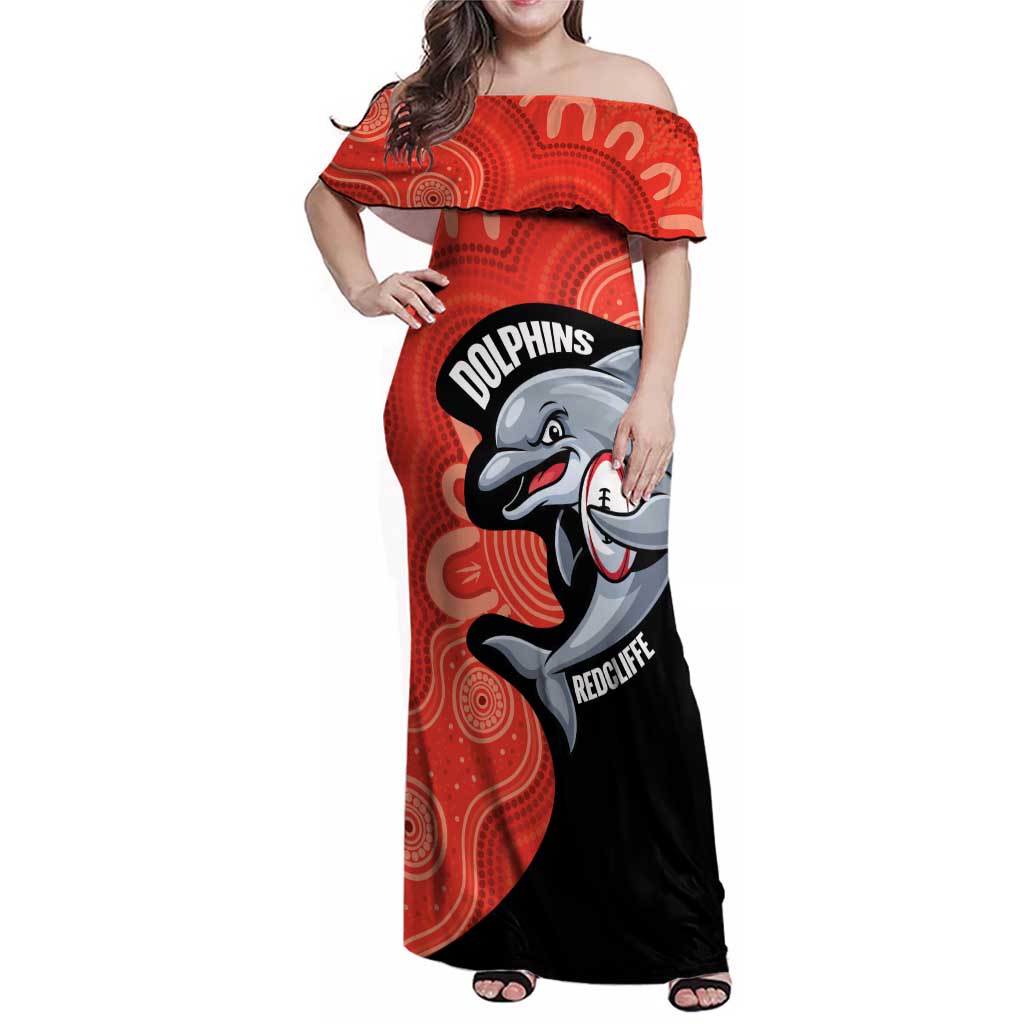 Redcliffe Rugby Custom Family Matching Off Shoulder Maxi Dress and Hawaiian Shirt Go Dolphins Aboriginal Art - Aussie Hoodie