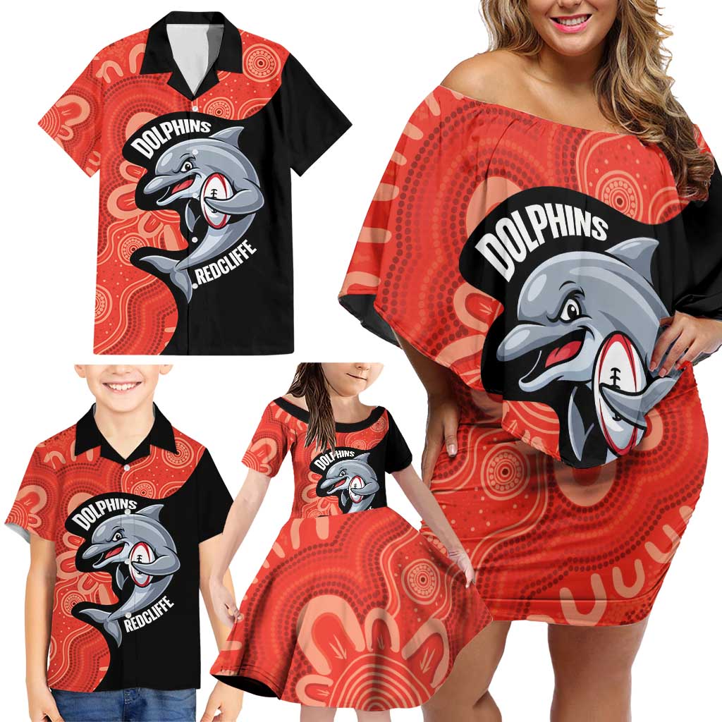 Redcliffe Rugby Custom Family Matching Off Shoulder Short Dress and Hawaiian Shirt Go Dolphins Aboriginal Art - Aussie Hoodie