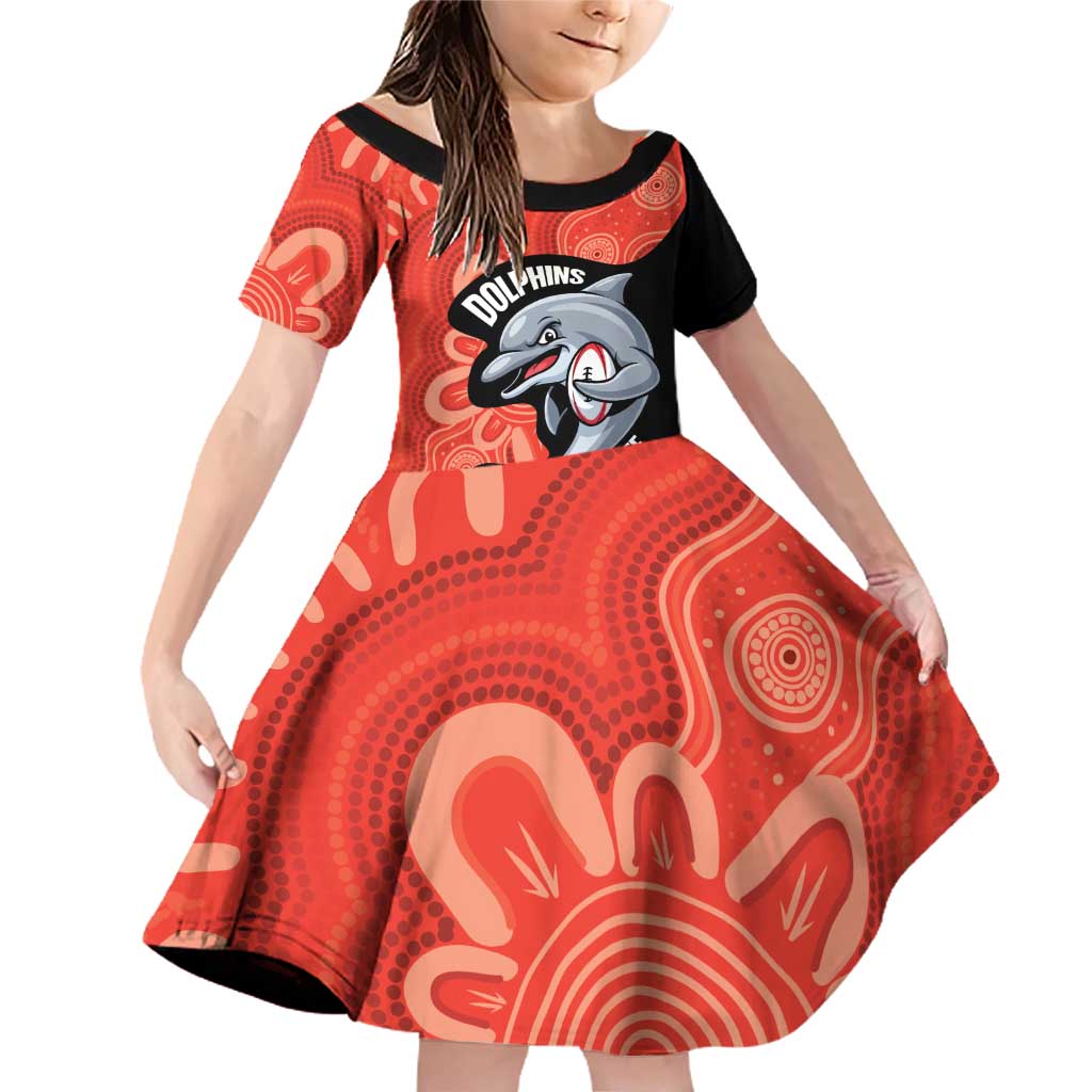 Redcliffe Rugby Custom Family Matching Off Shoulder Short Dress and Hawaiian Shirt Go Dolphins Aboriginal Art - Aussie Hoodie