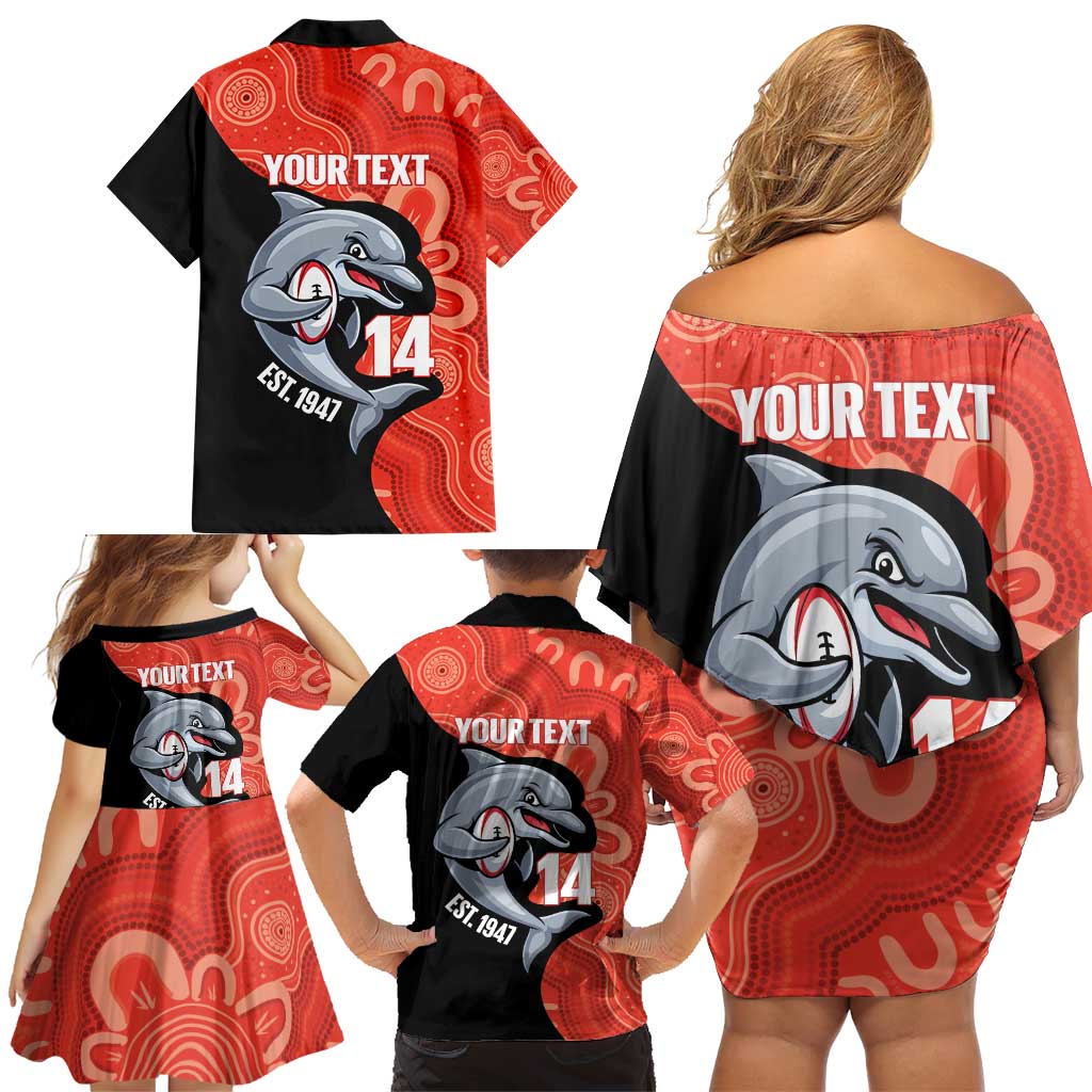 Redcliffe Rugby Custom Family Matching Off Shoulder Short Dress and Hawaiian Shirt Go Dolphins Aboriginal Art - Aussie Hoodie