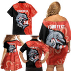 Redcliffe Rugby Custom Family Matching Off Shoulder Short Dress and Hawaiian Shirt Go Dolphins Aboriginal Art - Aussie Hoodie