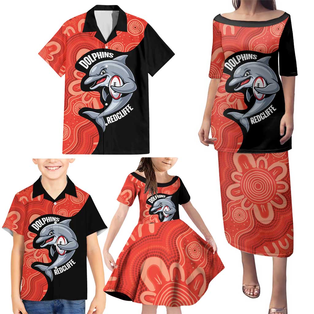 Redcliffe Rugby Custom Family Matching Puletasi and Hawaiian Shirt Go Dolphins Aboriginal Art - Aussie Hoodie