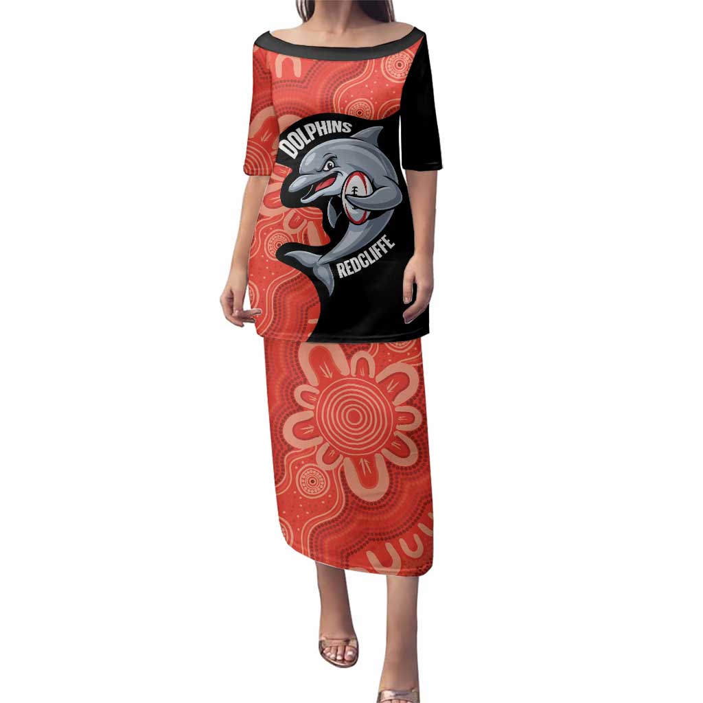 Redcliffe Rugby Custom Family Matching Puletasi and Hawaiian Shirt Go Dolphins Aboriginal Art - Aussie Hoodie