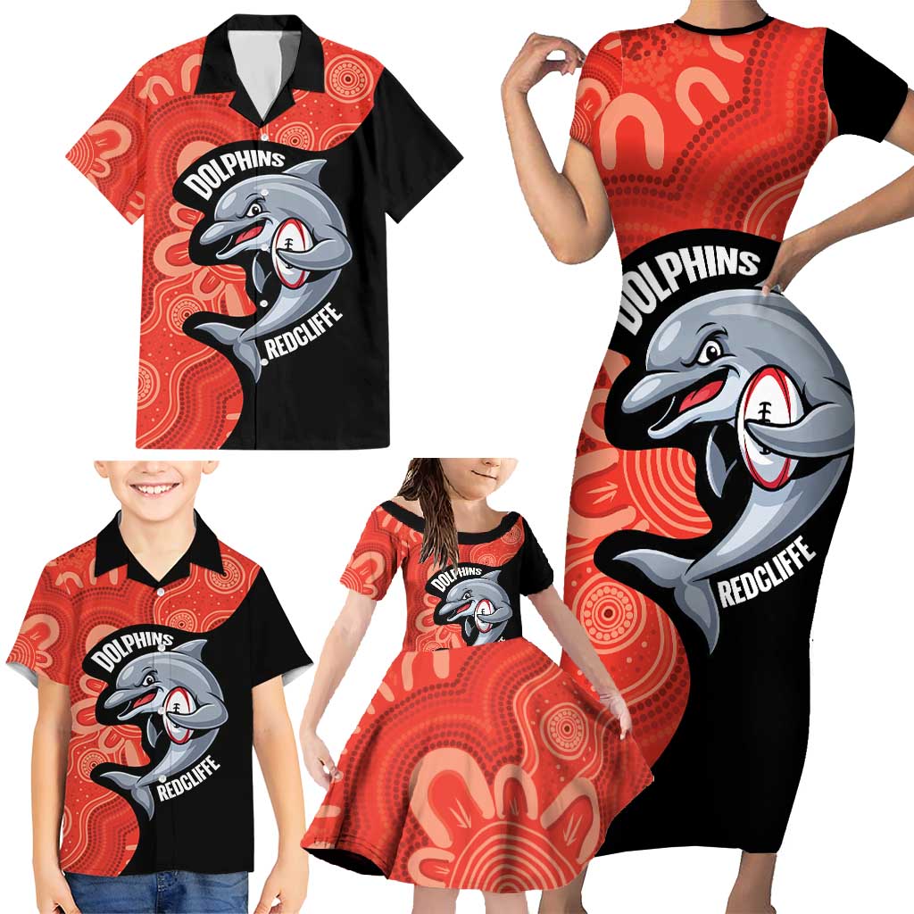 Redcliffe Rugby Custom Family Matching Short Sleeve Bodycon Dress and Hawaiian Shirt Go Dolphins Aboriginal Art - Aussie Hoodie