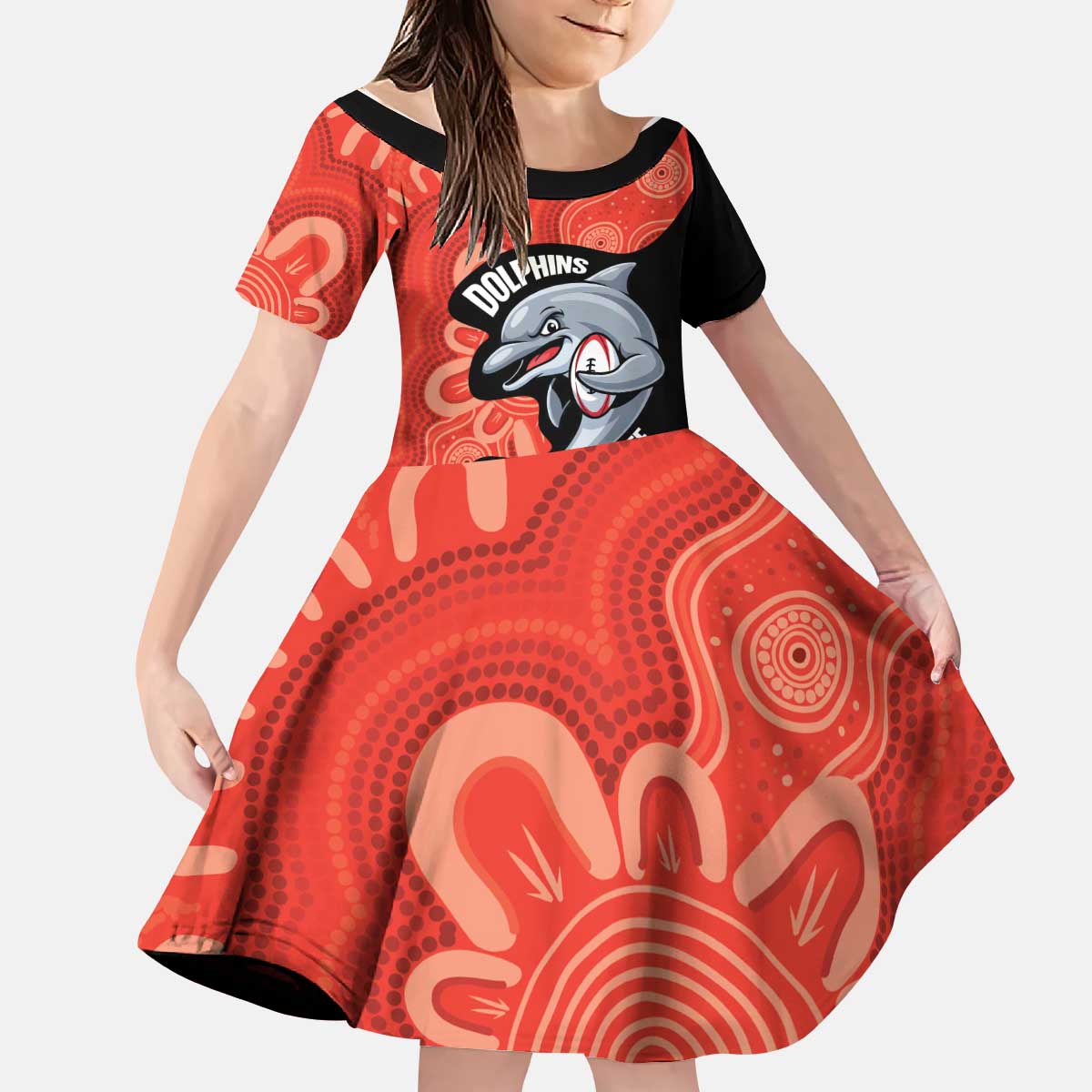 Redcliffe Rugby Custom Kid Short Sleeve Dress Go Dolphins Aboriginal Art - Aussie Hoodie