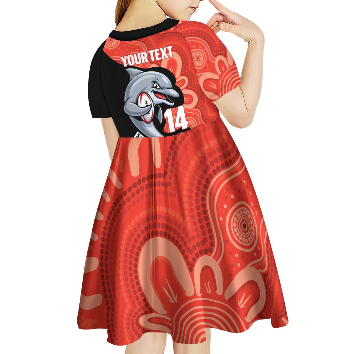 Redcliffe Rugby Custom Kid Short Sleeve Dress Go Dolphins Aboriginal Art - Aussie Hoodie