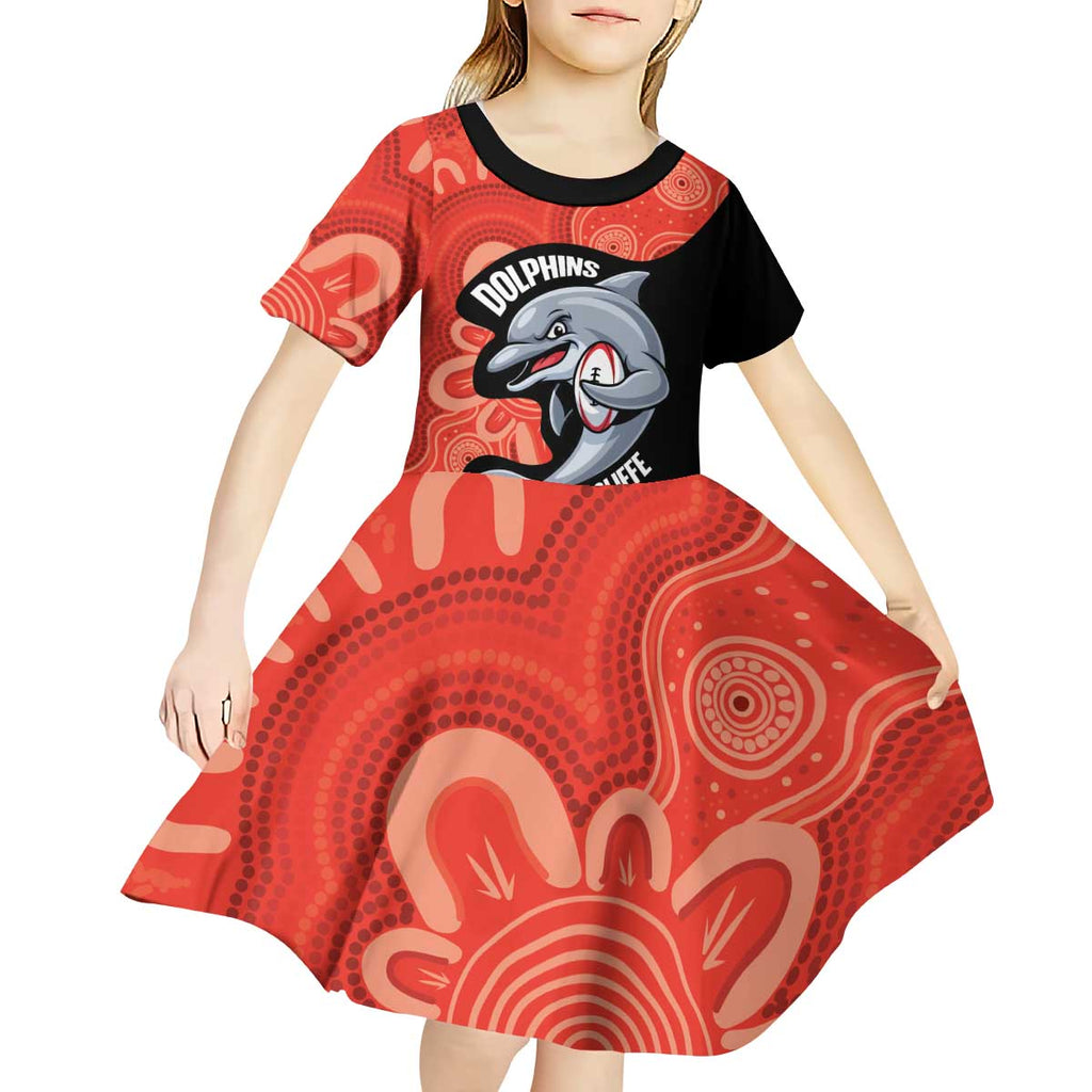 Redcliffe Rugby Custom Kid Short Sleeve Dress Go Dolphins Aboriginal Art - Aussie Hoodie