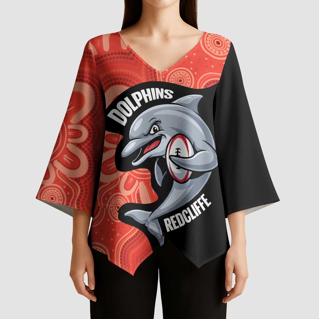 Redcliffe Rugby Custom Kimono Sleeve Blouse Go Dolphins Aboriginal Art - Aussie Hoodie