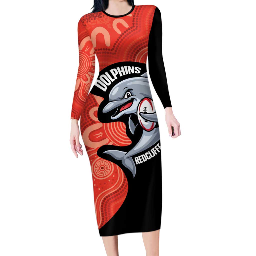 Redcliffe Rugby Custom Long Sleeve Bodycon Dress Go Dolphins Aboriginal Art - Aussie Hoodie