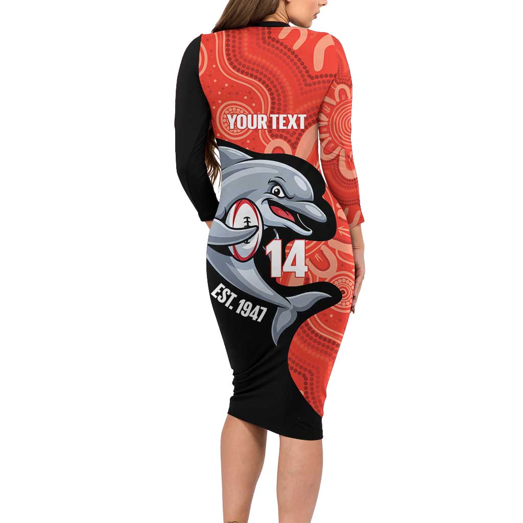 Redcliffe Rugby Custom Long Sleeve Bodycon Dress Go Dolphins Aboriginal Art - Aussie Hoodie