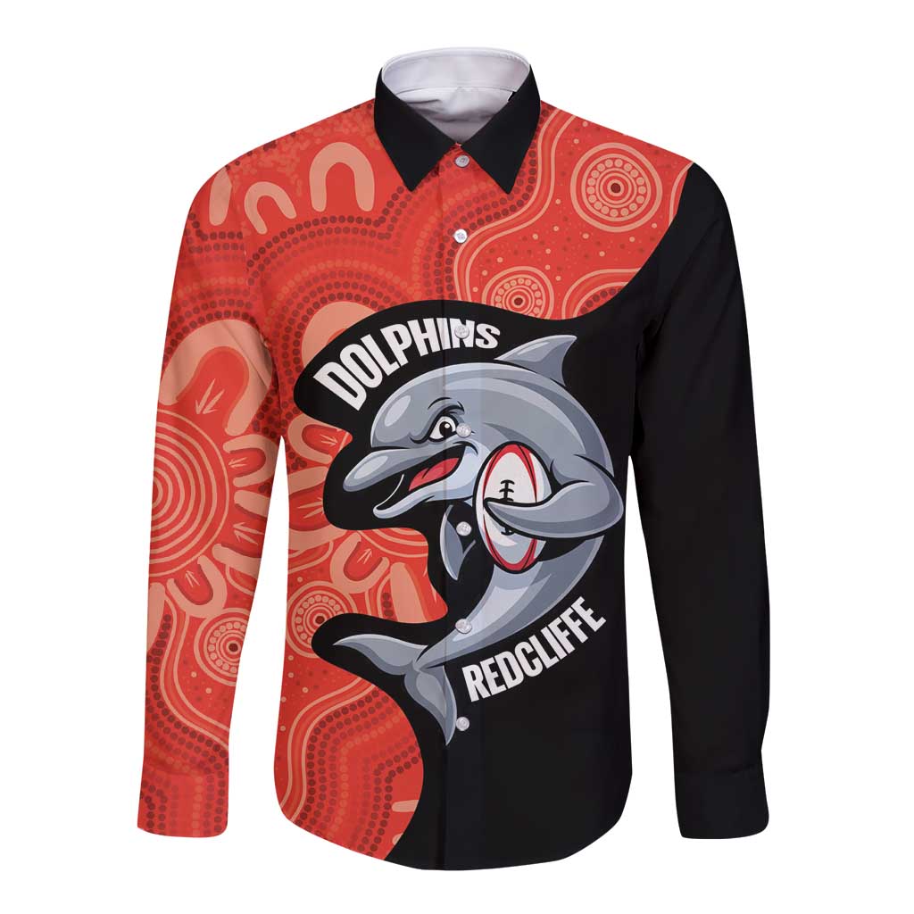 Redcliffe Rugby Custom Long Sleeve Button Shirt Go Dolphins Aboriginal Art - Aussie Hoodie