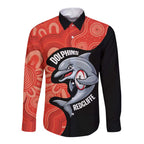Redcliffe Rugby Custom Long Sleeve Button Shirt Go Dolphins Aboriginal Art - Aussie Hoodie