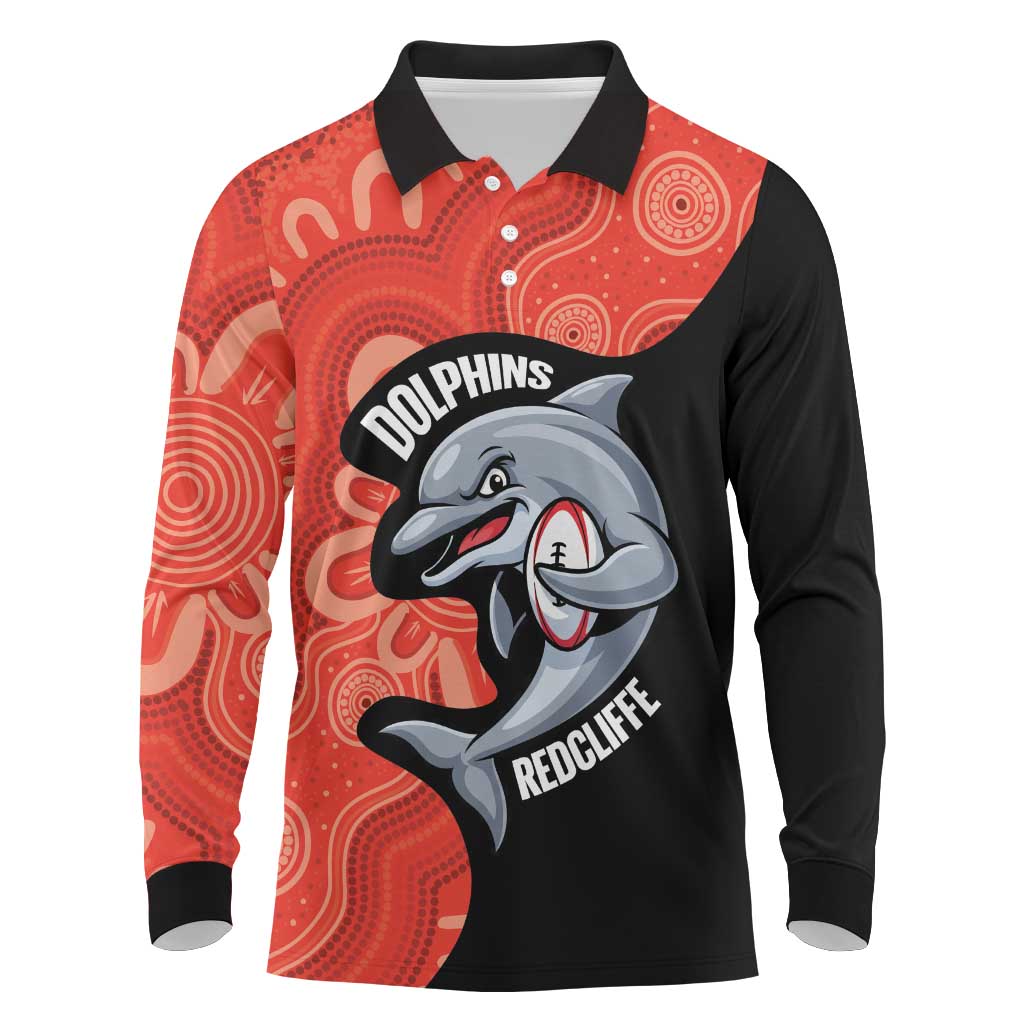 Redcliffe Rugby Custom Long Sleeve Polo Shirt Go Dolphins Aboriginal Art - Aussie Hoodie