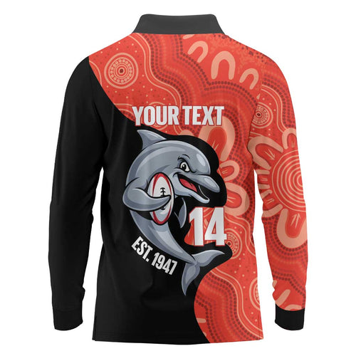Redcliffe Rugby Custom Long Sleeve Polo Shirt Go Dolphins Aboriginal Art - Aussie Hoodie