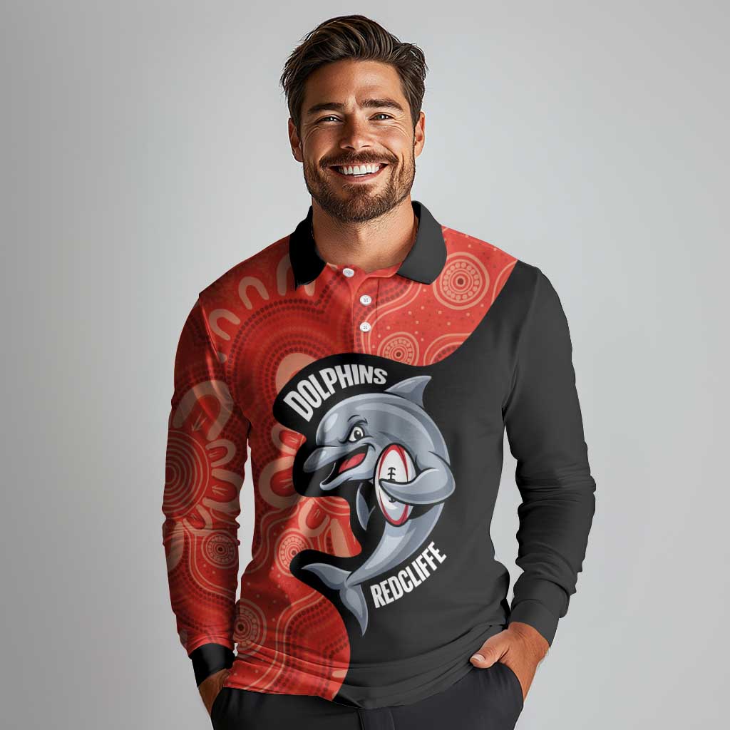 Redcliffe Rugby Custom Long Sleeve Polo Shirt Go Dolphins Aboriginal Art - Aussie Hoodie