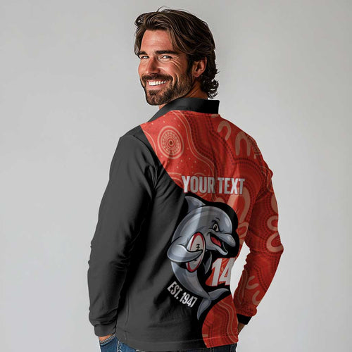 Redcliffe Rugby Custom Long Sleeve Polo Shirt Go Dolphins Aboriginal Art - Aussie Hoodie