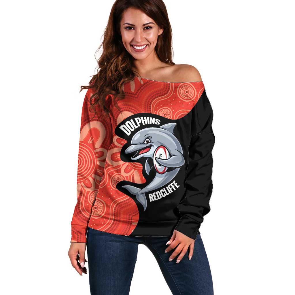 Redcliffe Rugby Custom Off Shoulder Sweater Go Dolphins Aboriginal Art - Aussie Hoodie