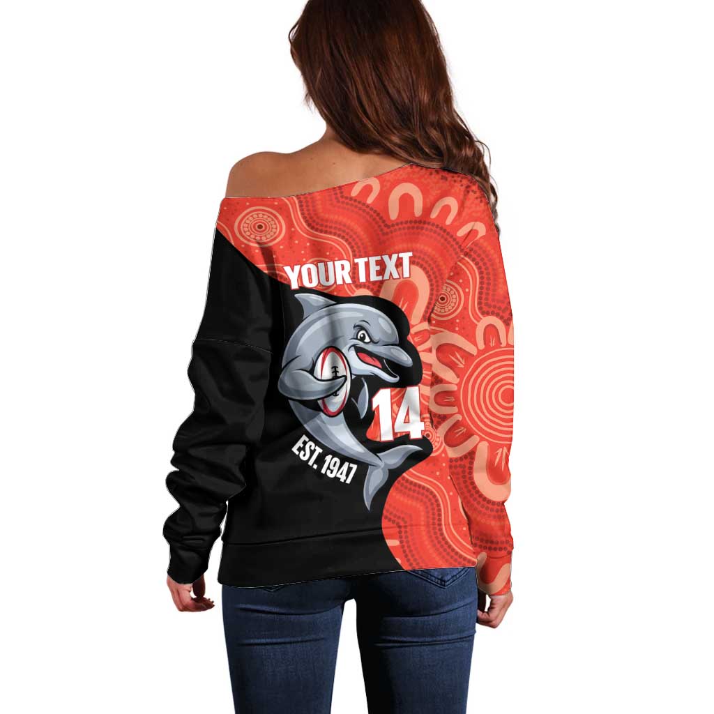 Redcliffe Rugby Custom Off Shoulder Sweater Go Dolphins Aboriginal Art - Aussie Hoodie