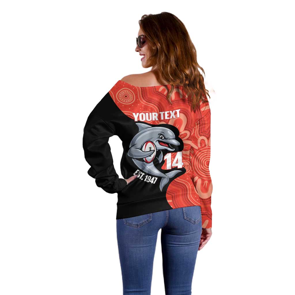 Redcliffe Rugby Custom Off Shoulder Sweater Go Dolphins Aboriginal Art - Aussie Hoodie