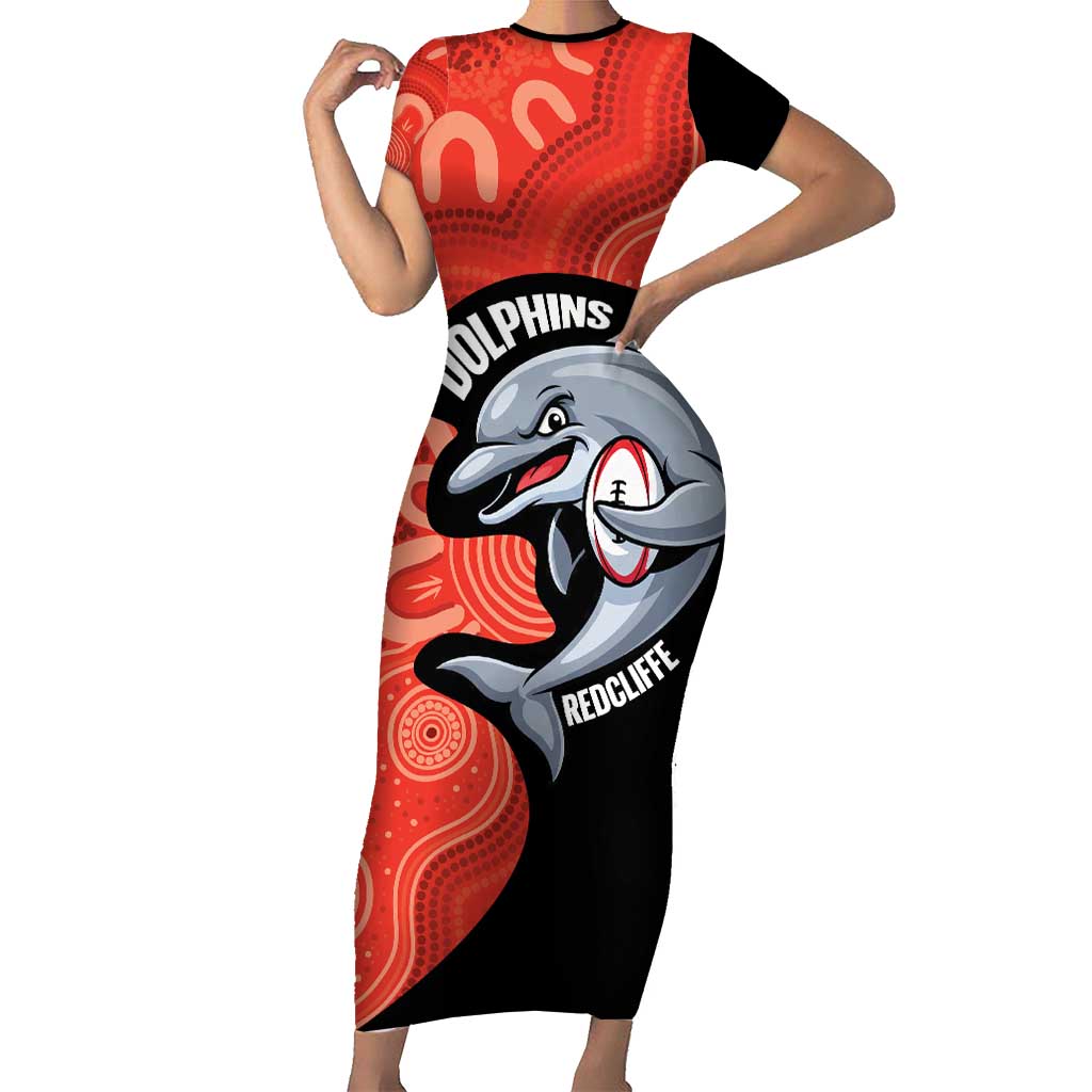 Redcliffe Rugby Custom Short Sleeve Bodycon Dress Go Dolphins Aboriginal Art - Aussie Hoodie