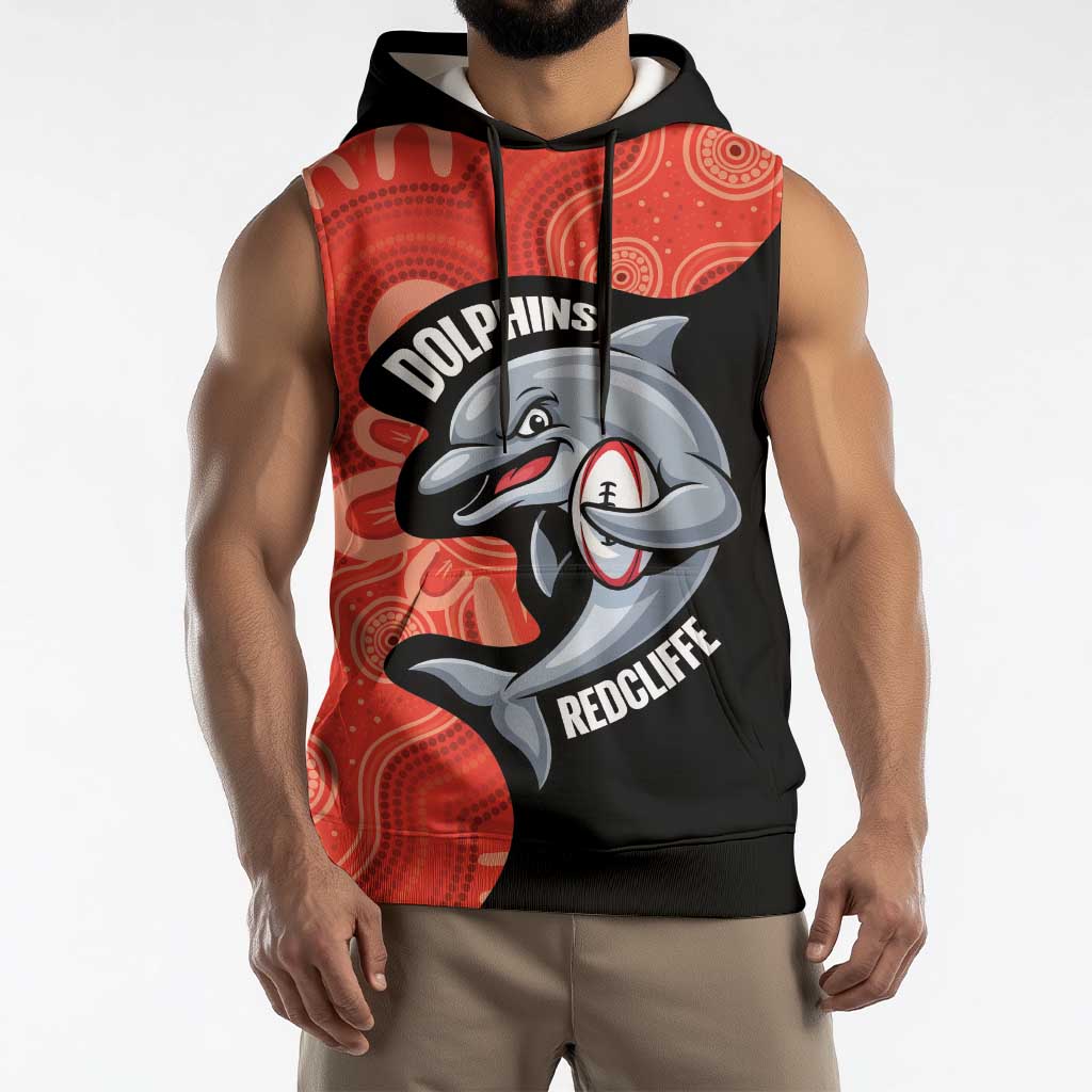 Redcliffe Rugby Custom Sleeveless Hoodie Go Dolphins Aboriginal Art - Aussie Hoodie