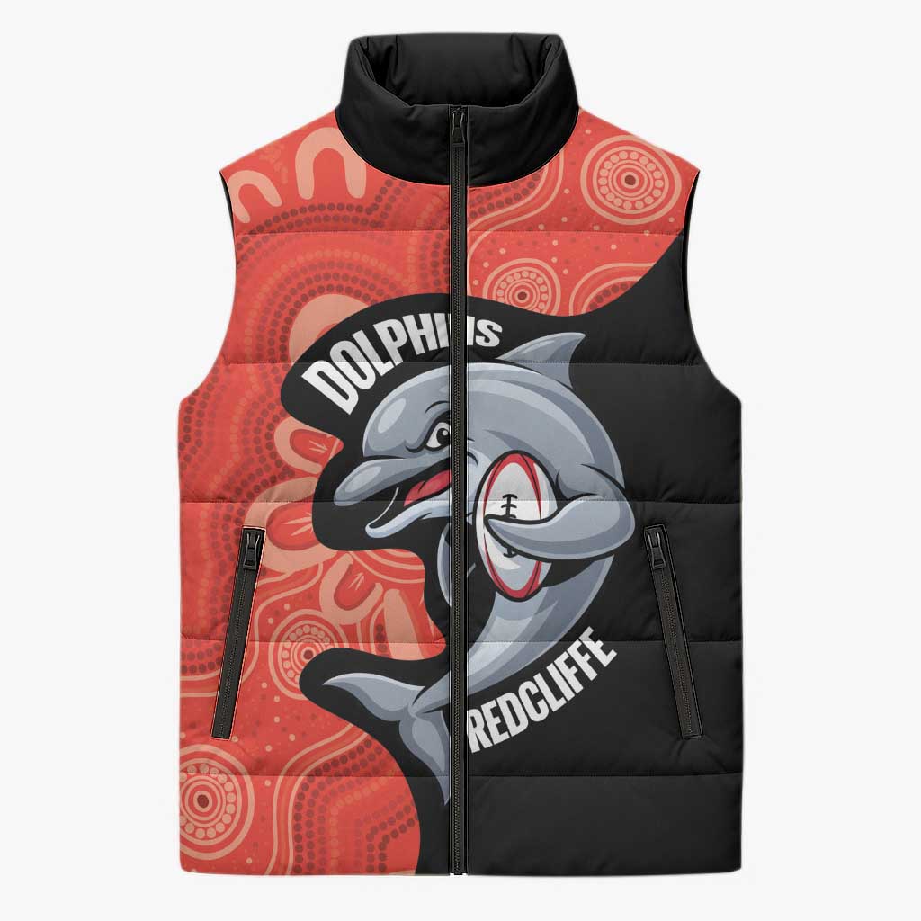 Redcliffe Rugby Custom Sleeveless Puffer Jacket Go Dolphins Aboriginal Art - Aussie Hoodie