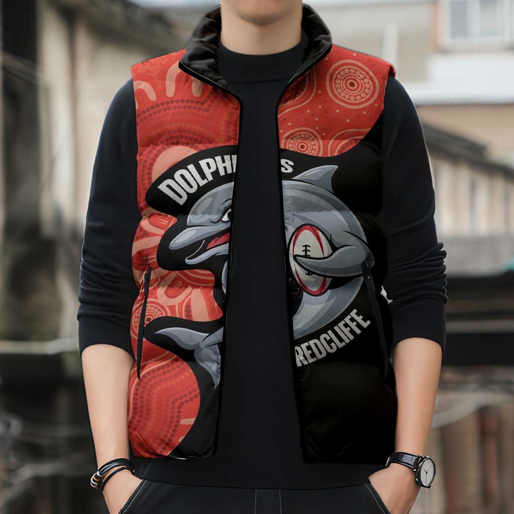 Redcliffe Rugby Custom Sleeveless Puffer Jacket Go Dolphins Aboriginal Art - Aussie Hoodie