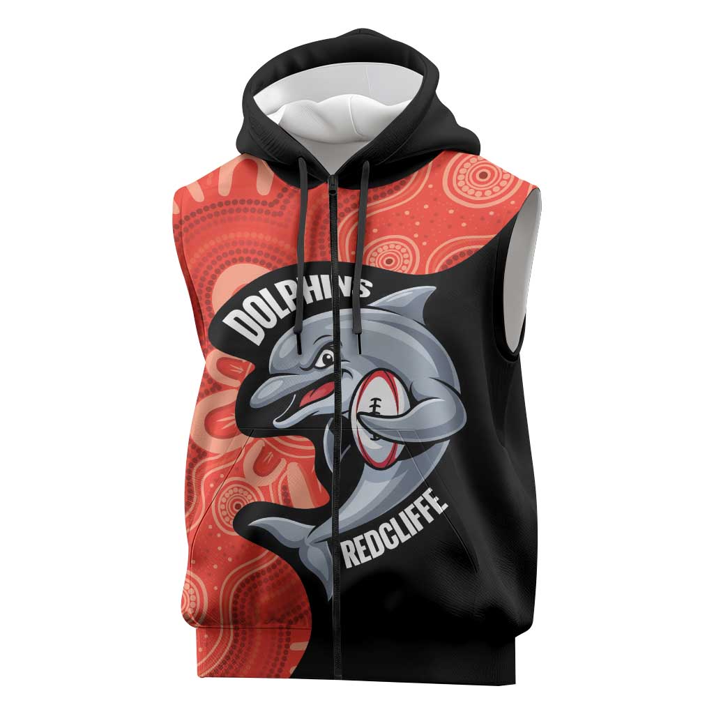 Redcliffe Rugby Custom Sleeveless Zip Hoodie Go Dolphins Aboriginal Art LT14