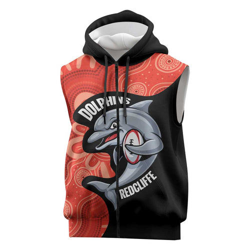 Redcliffe Rugby Custom Sleeveless Zip Hoodie Go Dolphins Aboriginal Art LT14