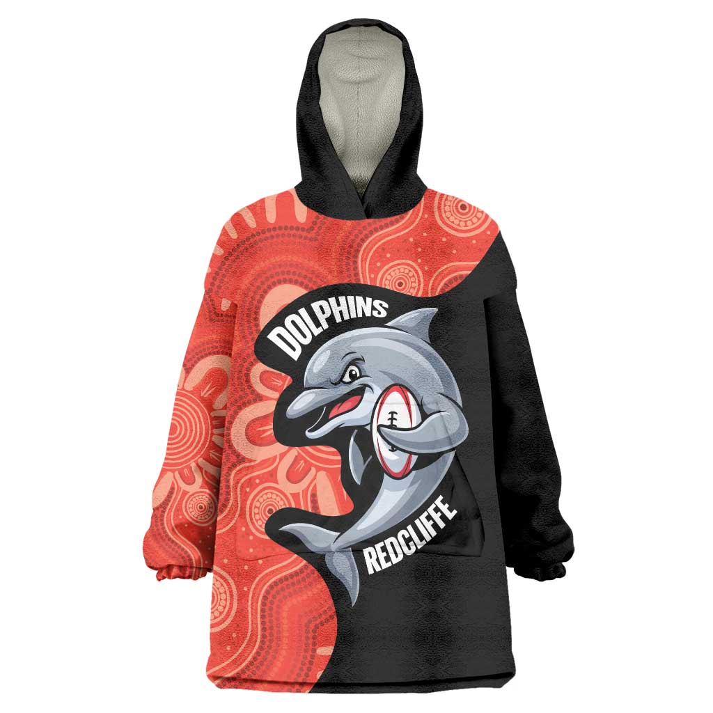Redcliffe Rugby Custom Wearable Blanket Hoodie Go Dolphins Aboriginal Art - Aussie Hoodie