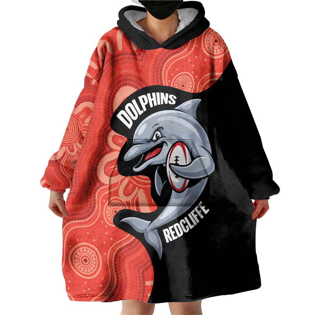 Redcliffe Rugby Custom Wearable Blanket Hoodie Go Dolphins Aboriginal Art - Aussie Hoodie